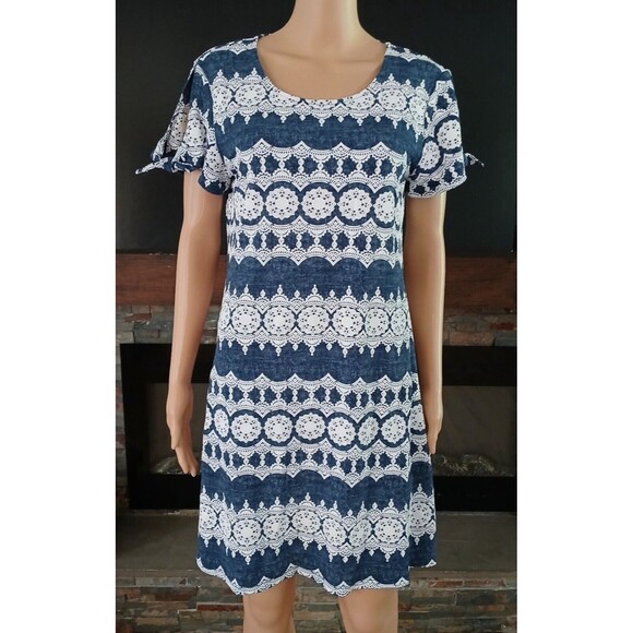New Ronni Nicole Dress Medium Textured Print Tied Short Sleeves Beachy Boho Blue - Picture 1 of 12